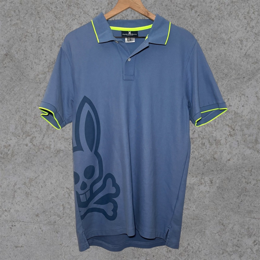 Psycho Bunny Chatham Side Bunny Polo Mens 6 XL Blue Pima‎ Cotton Shirt Neon Trim